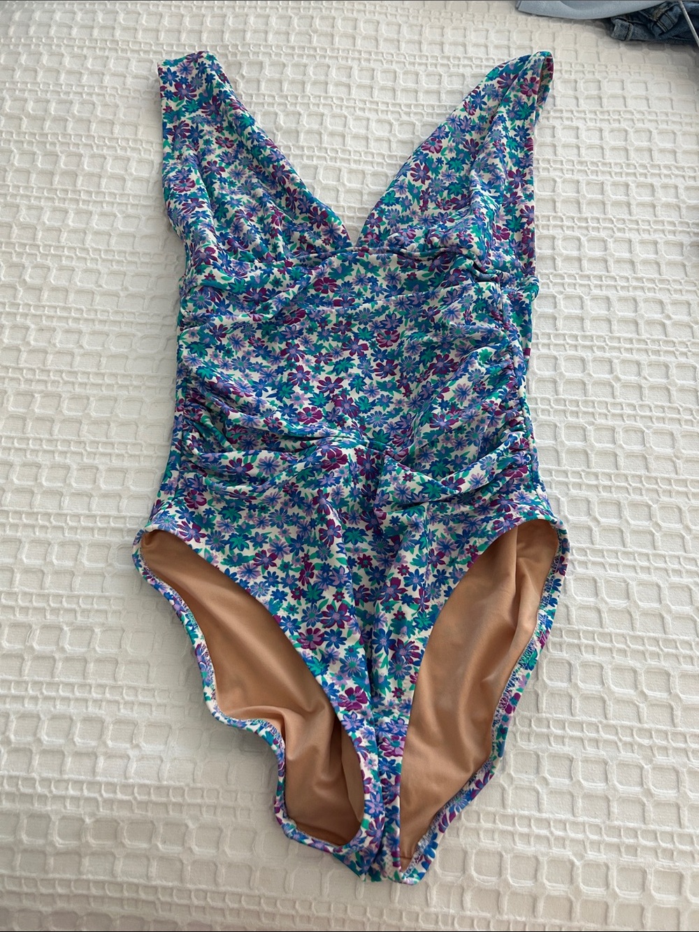 Floral One-Piece Swimsuit in Teal, Purple & White